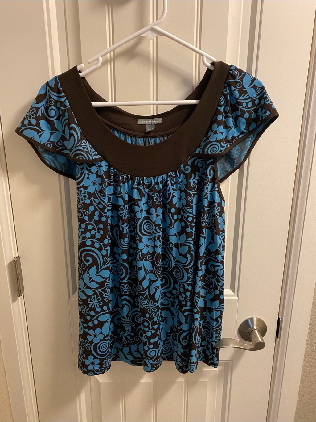 Apt 9 L Top Stretch Turquoise Brown Floral Blouse Large Shirt Lg